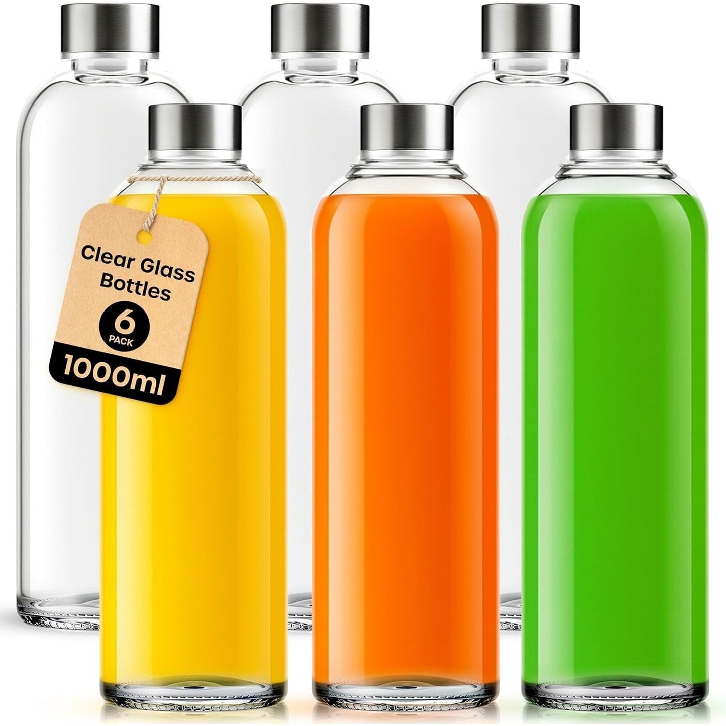 Glass Bottles with Lids - 6 Pack 1000ml Leakproof, Reusable Glass Drinking Bottle for Water, Juice, Milk and Smoothie - with Airtight Metal Lids, Cleaning Brush and White Labels