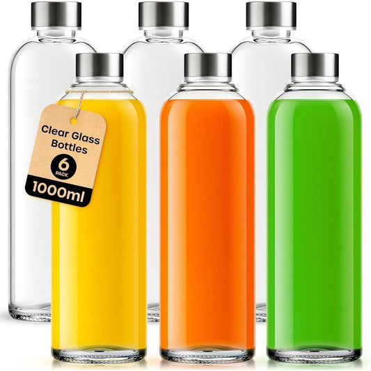 Glass Bottles with Lids - 6 Pack 1000ml Leakproof, Reusable Glass Drinking Bottle for Water, Juice, Milk and Smoothie - with Airtight Metal Lids, Cleaning Brush and White Labels