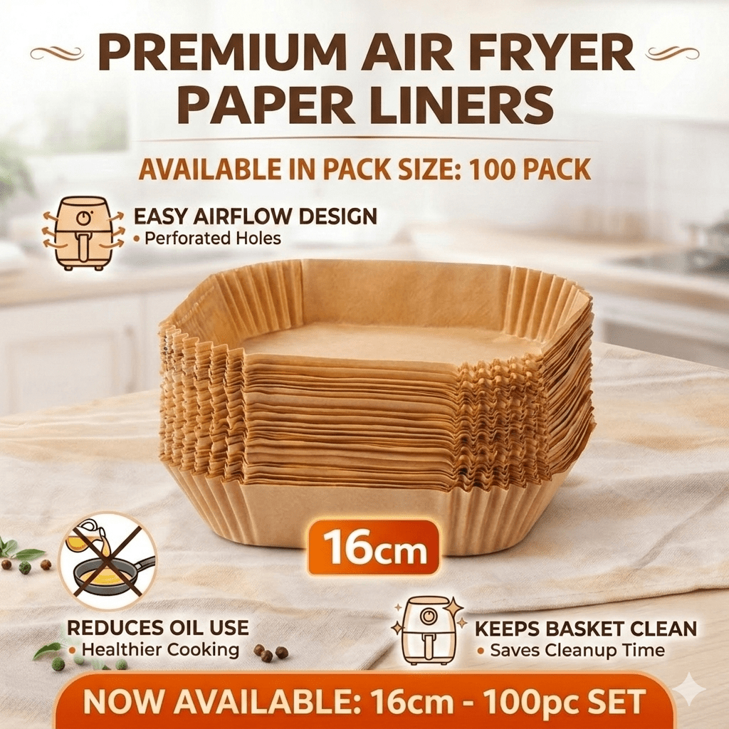 100-Pack Air Fryer Liners (16cm, 20cm, 22cm x 14cm) - Non-Stick Parchment Paper - Heat-Resistant for Home & Commercial Use - No Coating, Universal for Oven & Microwave