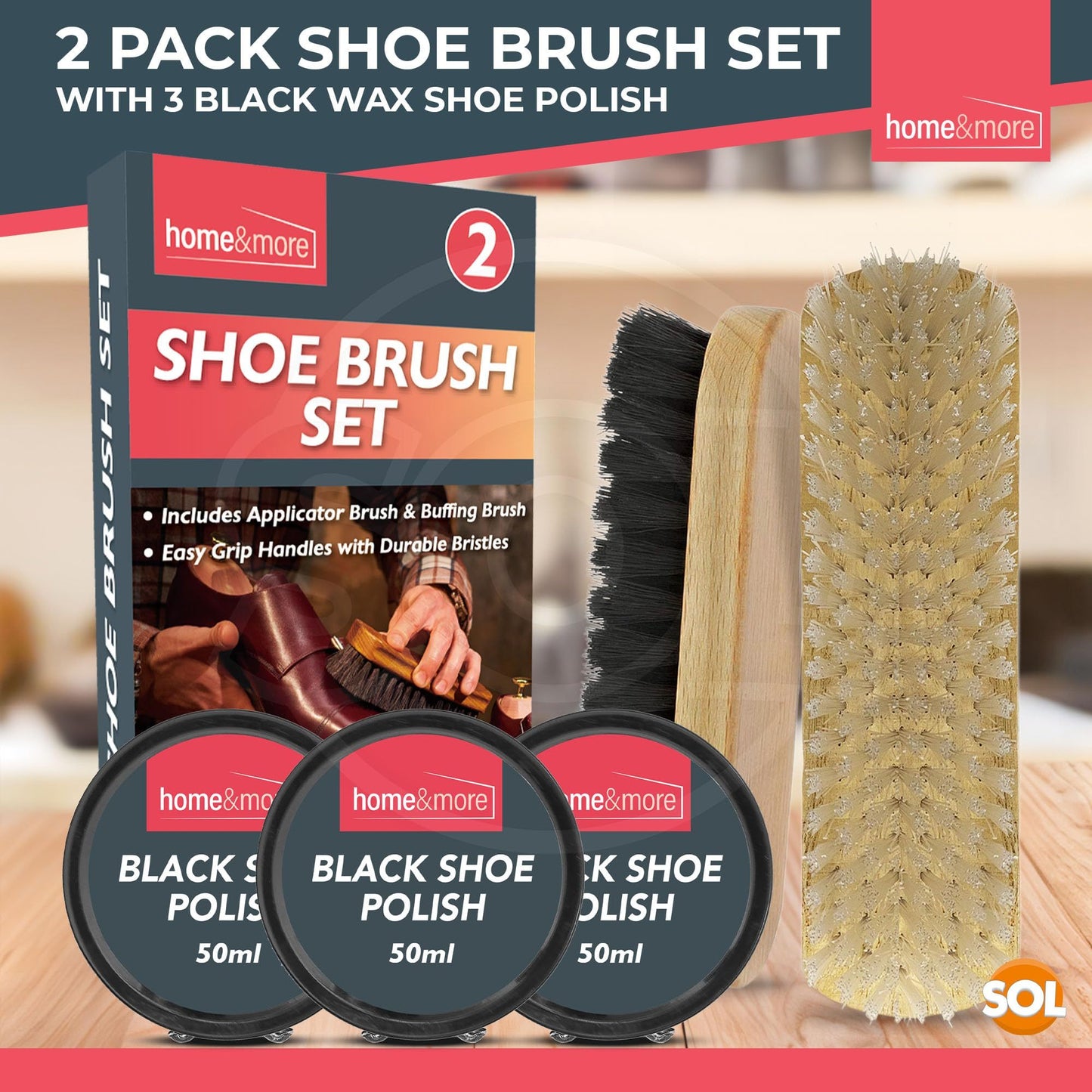 2 Pack Shoe Brush Set & 3 Tins Black Shoe Polish | Leather Boot Polish Kit with Soft & Stiff Brushes | Wax-Based Leather Care Kit for Cleaning, Conditioning, Shine & Scuff Covering | Formal Shoe & Boot Maintenance Set