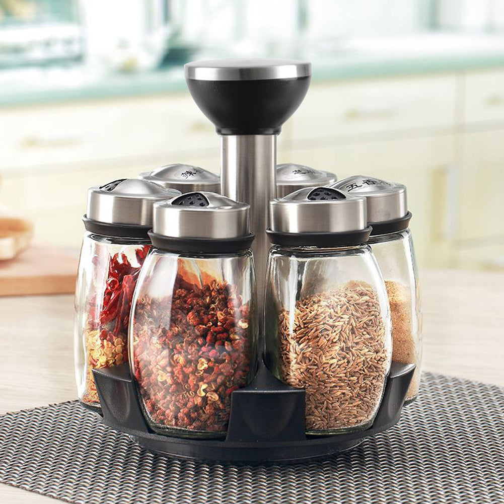 6-Jar Revolving Spice Rack Organizer Holder, Kitchen Countertop Seasoning Stand, Rotating Spice Rack with Stainless Steel Lid, Rotating Seasoning Organizer, Black