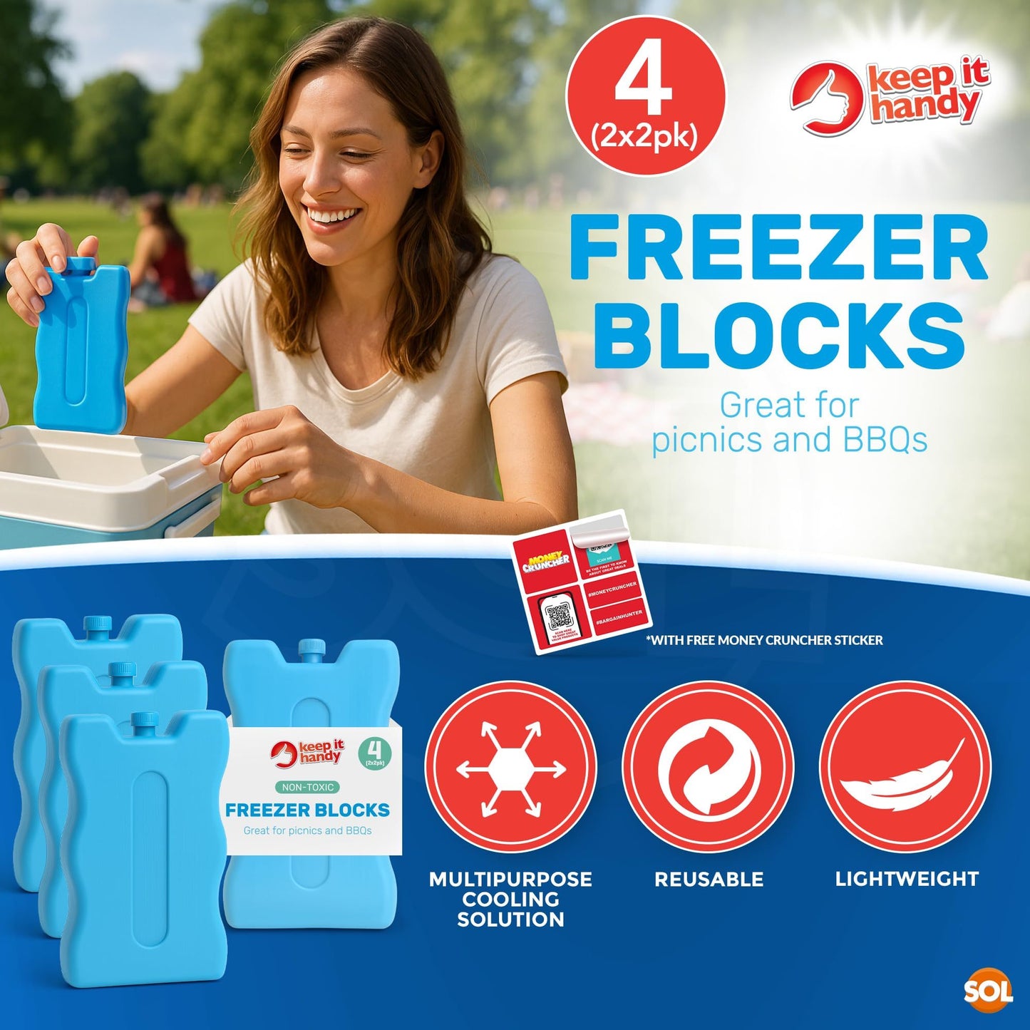 SOL 4pk Freezer Blocks for Cool Bags | Reusable Ice Packs for Cool Boxes, Lunch Bags & Food Containers | Compact & Lightweight Cooling Blocks for Picnics, Camping, Travel & Work