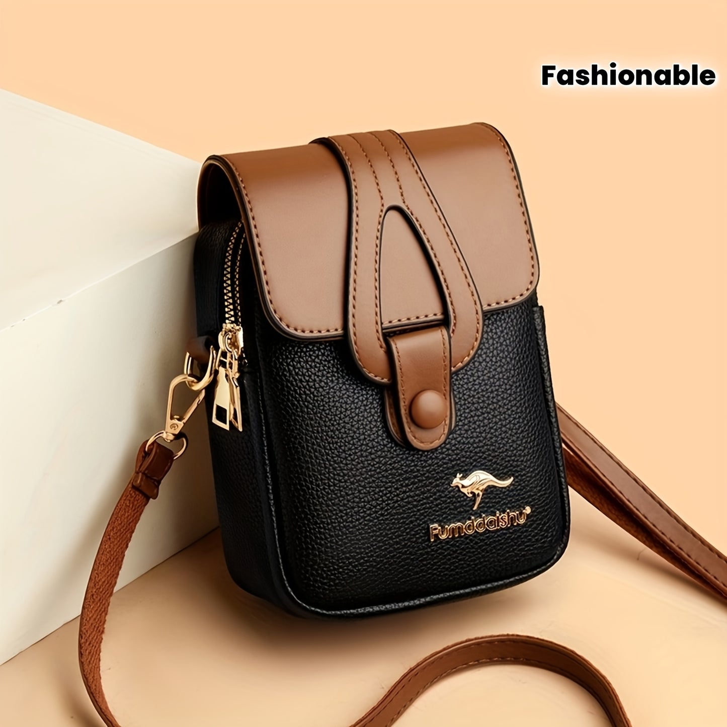 Fashionable Women'S Color-Blocked Crossbody Bag: Adorned with Exquisite Kangaroo Accents, Made of High-Quality with a Flap Magnetic Closure Design, Featuring an Adjustable Shoulder Strap for a Lightweight And Stylish Look—A