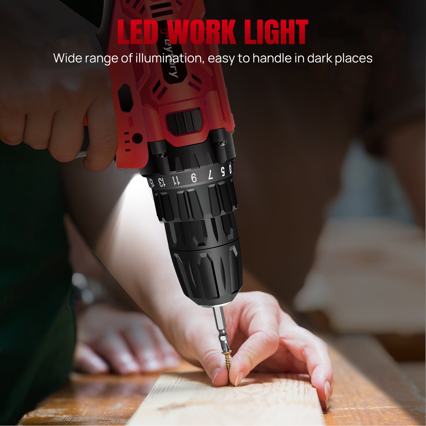 Cordless Drill Driver 21V, Electric Drill Kit with LI-ion Battery, Cordless Combi Screwdriver 25+1 Torque, 45N.m Max, 32pcs Accessory, 2 Variable Speed, LED Light for Home and Garden DIY Project 3/8" Keyless Chuck