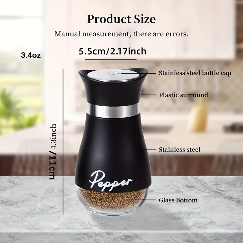 4-piece set (2 bottles + 2 caps) of adorable glass salt and pepper shakers. 4 oz (approx. 113.4g) glass salt and pepper shakers with stainless steel caps, suitable for kitchen dining tables, RVs, camping, and BBQs. Condiment