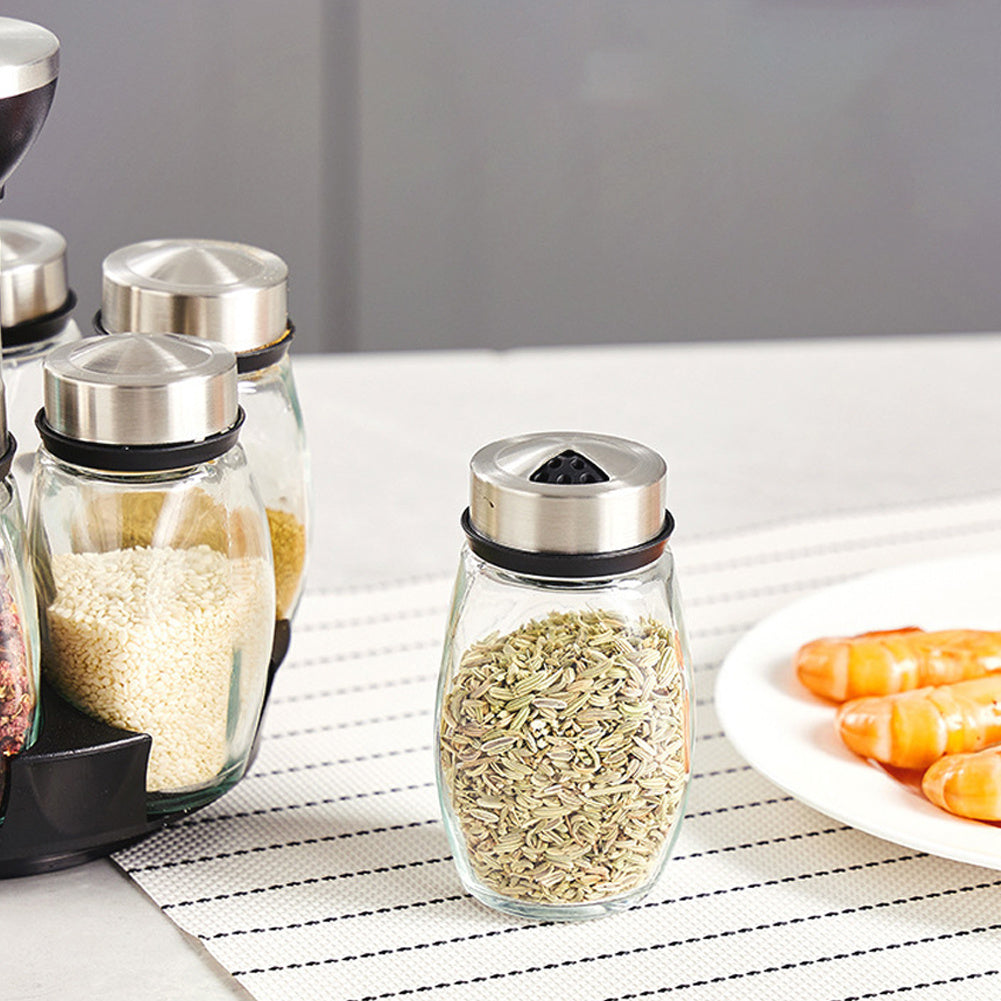 6-Jar Revolving Spice Rack Organizer Holder, Kitchen Countertop Seasoning Stand, Rotating Spice Rack with Stainless Steel Lid, Rotating Seasoning Organizer, Black