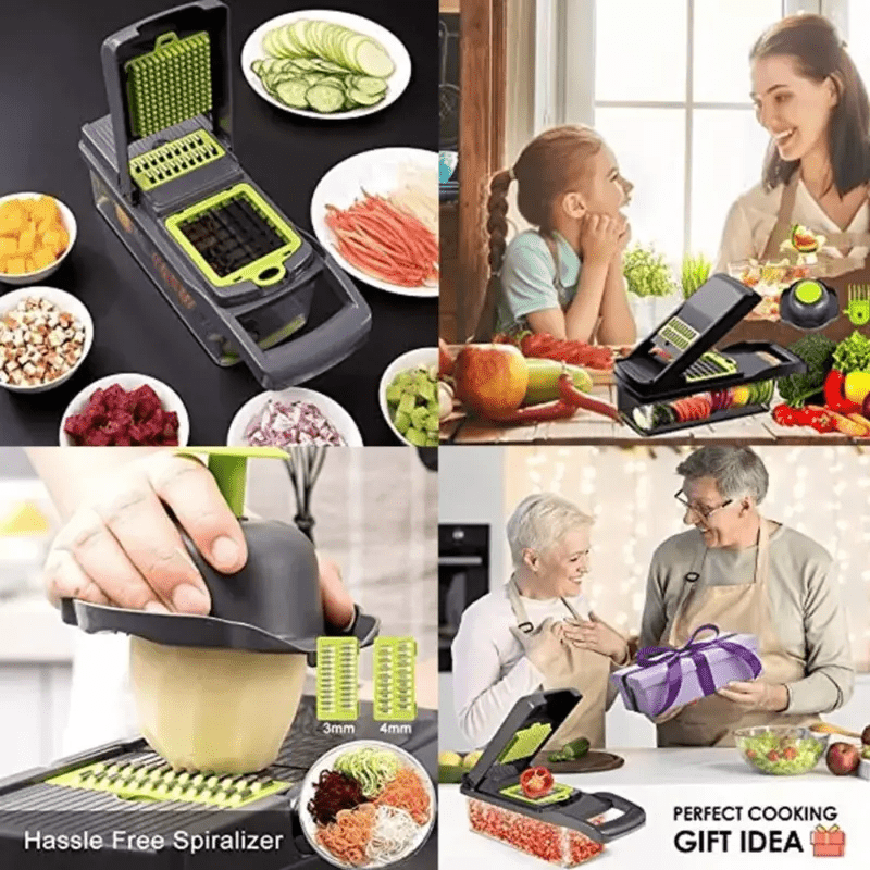 A Multifunctional 16-In-1 Food Chopper, Including a Vegetable Chopper, Onion Chopper, Vegetable Slicer, Dicer, And More, Equipped with 8 Blades, a Strainer Basket, And Containers for Salad, Potatoes, Carrots, And Garlic, Alon