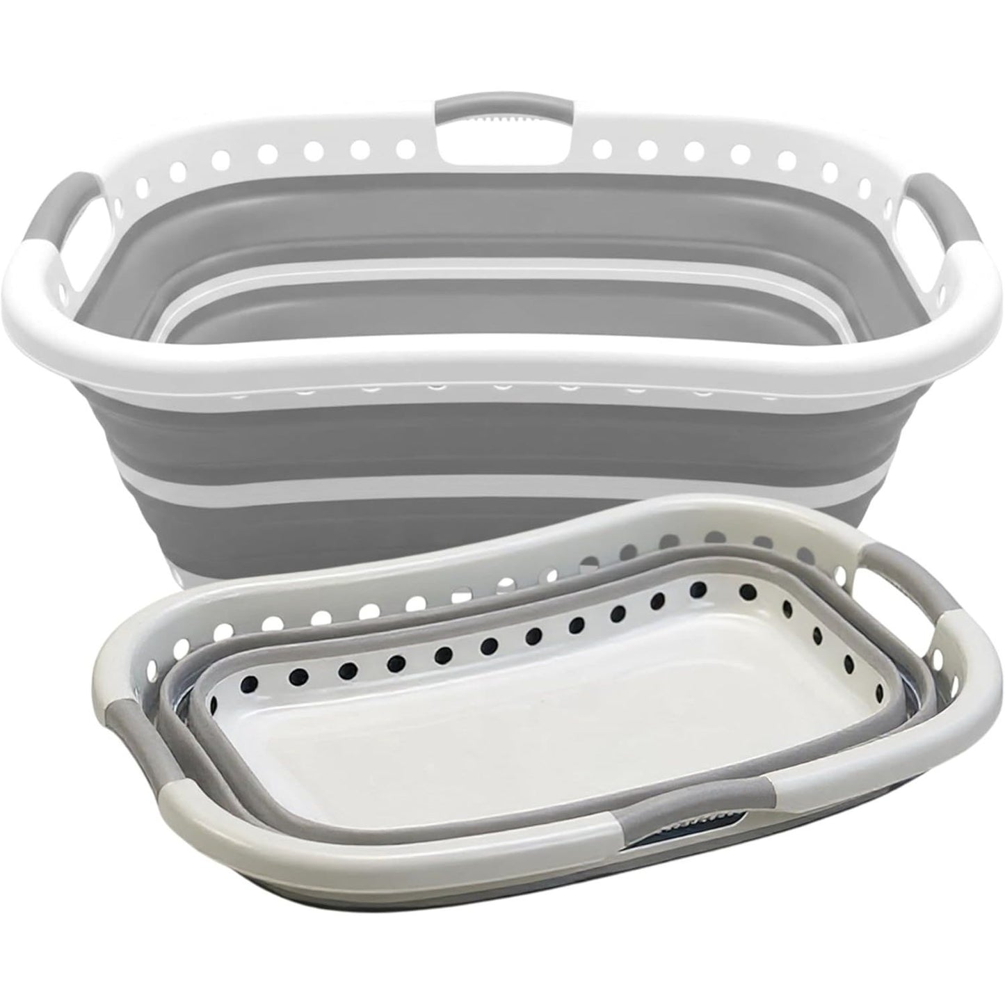 Pop Up Laundry Basket with 3 Carrier Handles Foldable Collapsible Portable Large Clothes Storage Plastic Hamper Folding Space Saving Curved Side Rectangle Shape Bucket Grey & White (with Holes at the Bottom)