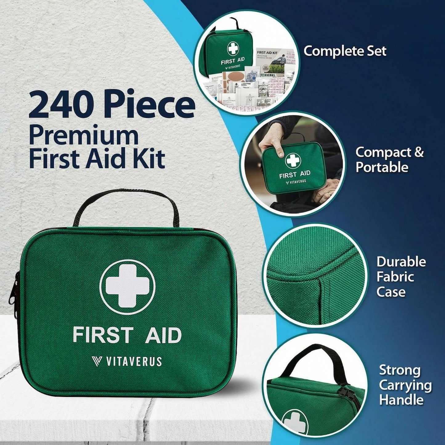 240 Piece Premium First Aid Kit Bag - Includes Eyecare, 2 x Cold (Ice) Packs, Plasters, Bandages, Wound Dressing Pads, Prep Pads, Eye Wash, Eye Pads, Burn Gel and Emergency Blanket for Home, Office, Car, Caravan, Workplace, T