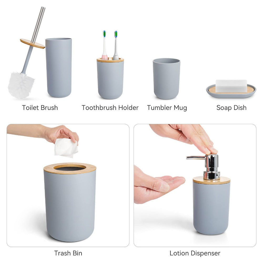 6pcs Bamboo Bathroom Accessories set, Luxury Bathroom Accessory Set Bathroom Bin And Toilet Brush Set Toothbrush Holder Tumbler Soap Dish Trash Can Soap Dispenser Bath Set Gift