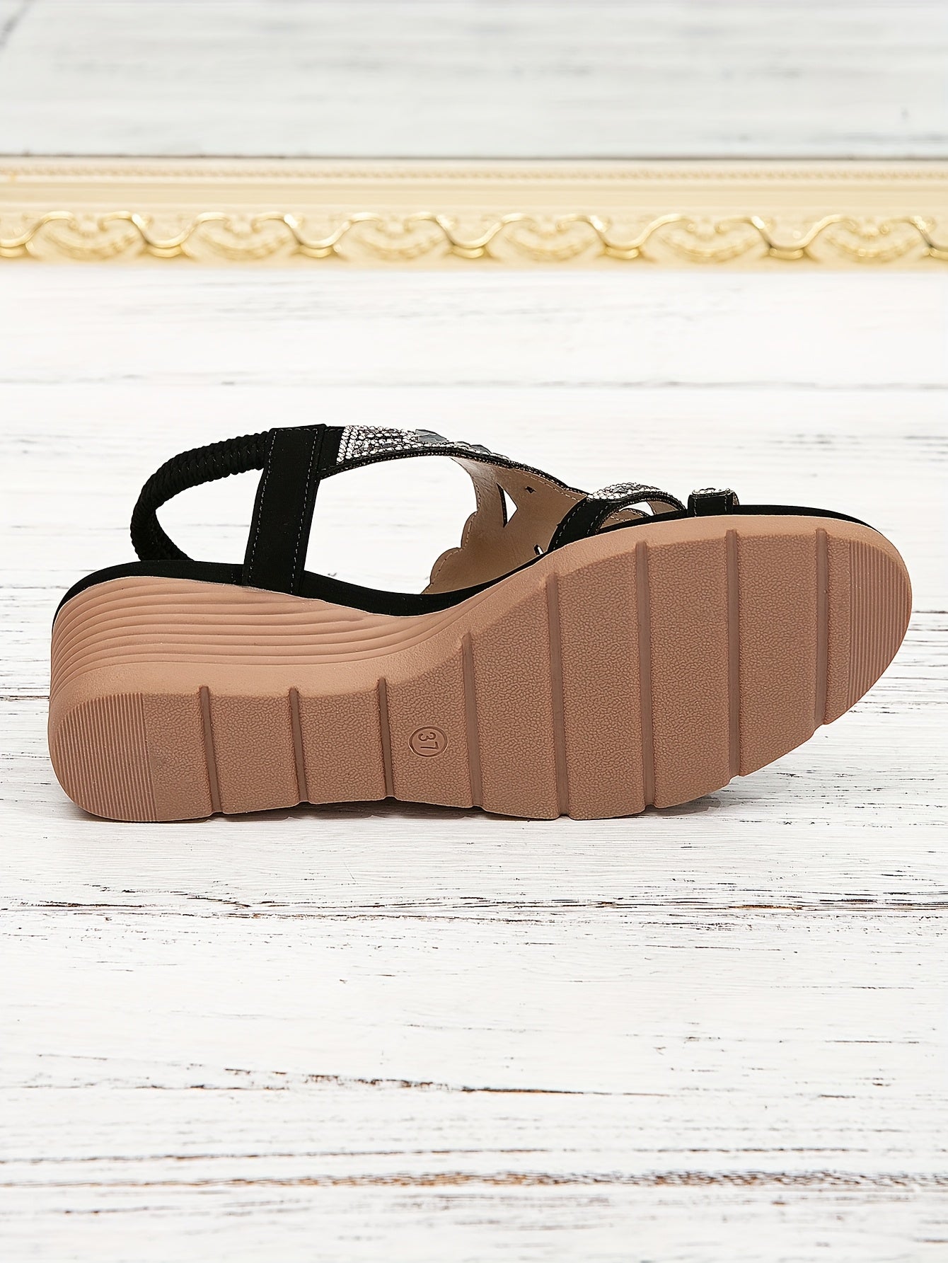 Vibrant Comfort | Bohemian Style Women's Rhinestone Wedge Sandals, Open Toe Platform Heel with Strap, Summer Beach Music Festival Slip-On Shoes, Man-Made Upper/Inner/Insole, TPR Sole, Beach Sandals | Toe Post Sandals | Decora