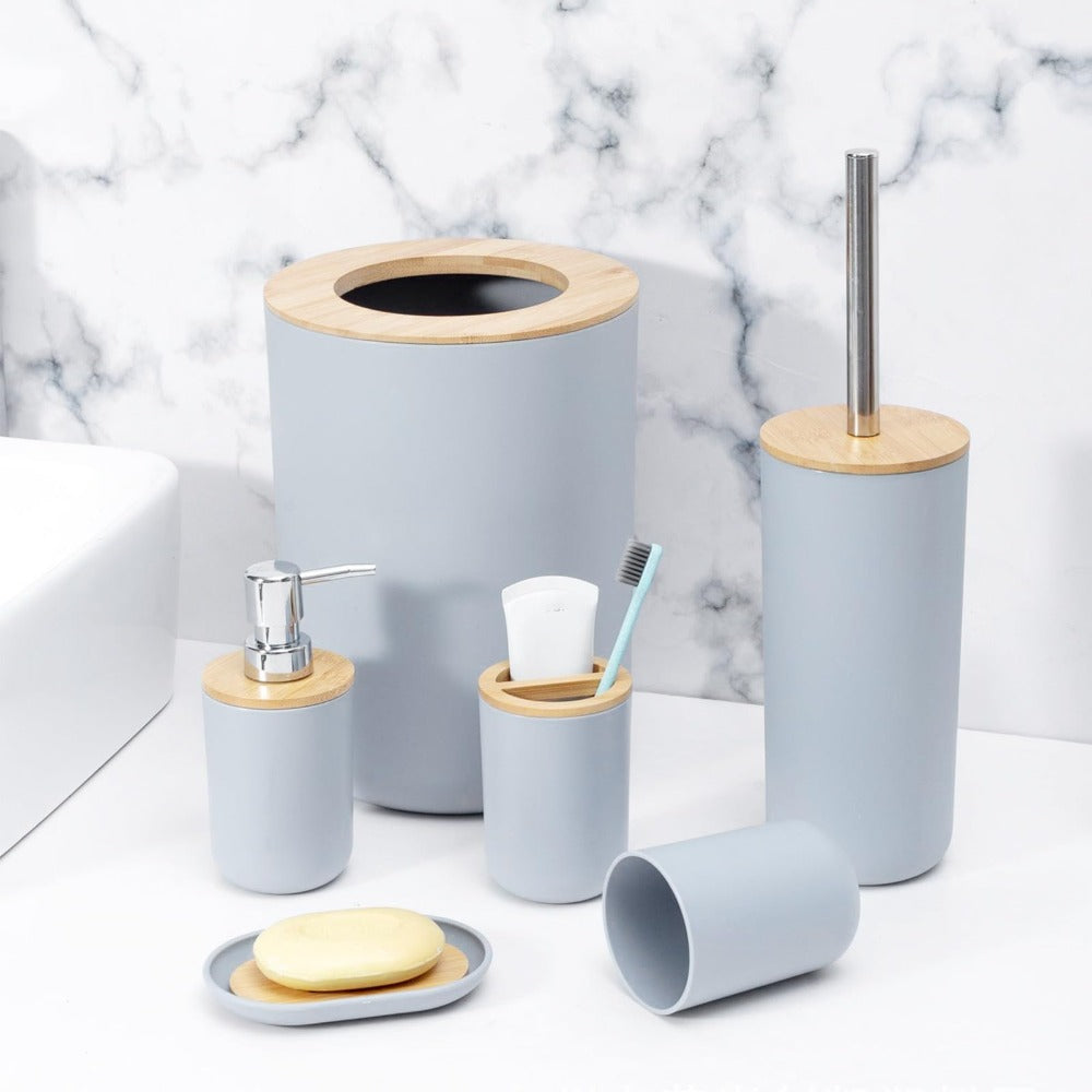 6pcs Bamboo Bathroom Accessories set, Luxury Bathroom Accessory Set Bathroom Bin And Toilet Brush Set Toothbrush Holder Tumbler Soap Dish Trash Can Soap Dispenser Bath Set Gift