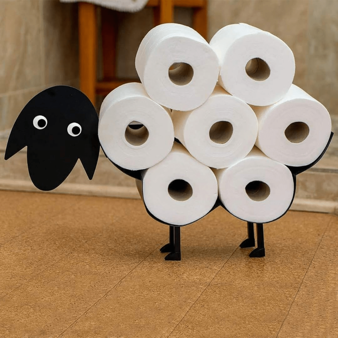 Novelty Sheep Toilet Roll Holder Free Standing Black Painted Metal Animal Shape Tissue Holder - Decorative Kitchen or Bathroom Accessories Indoor, Home Decor Storage Loo Roll Holder