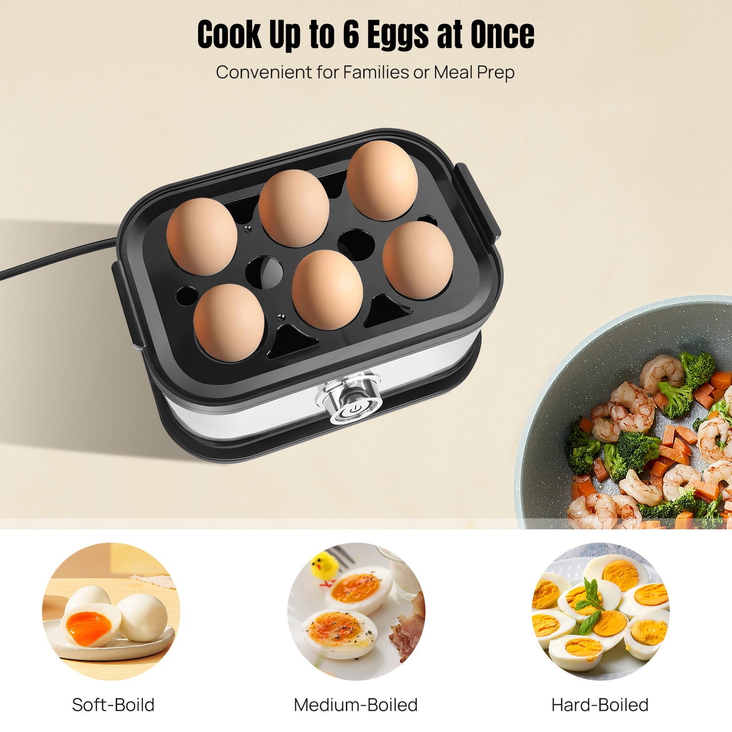 6-Egg Cooker Compact Electric Easy Egg Boiler Boiling Poaching Breakfast Maker 350W with Automatic Shut-Off Removable Tray with Water Cup&Cable Storage Slot Space Saving Egg Boiler