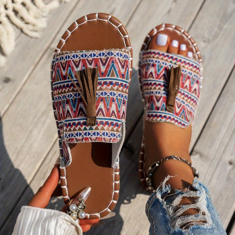 Ladies' Bohemian Tassel Sandals - Colorful Striped Open-Toe Flip-Flops with Mesh Lining, Perfect for Beach Vacations And Casual Trips, Women'S Beach Shoes (Random Patterns), Women Shoes