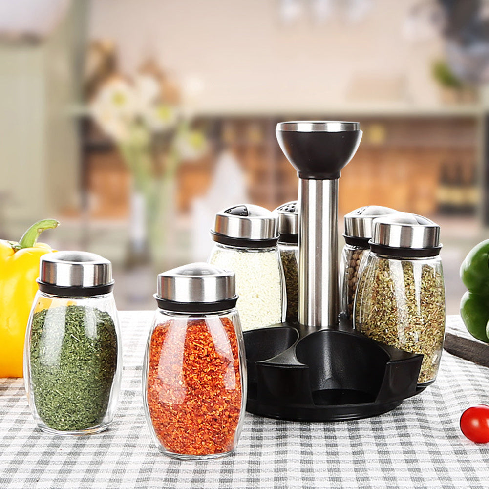 6-Jar Revolving Spice Rack Organizer Holder, Kitchen Countertop Seasoning Stand, Rotating Spice Rack with Stainless Steel Lid, Rotating Seasoning Organizer, Black