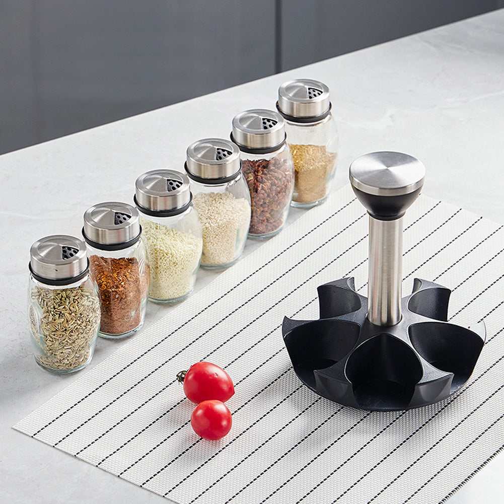 6-Jar Revolving Spice Rack Organizer Holder, Kitchen Countertop Seasoning Stand, Rotating Spice Rack with Stainless Steel Lid, Rotating Seasoning Organizer, Black