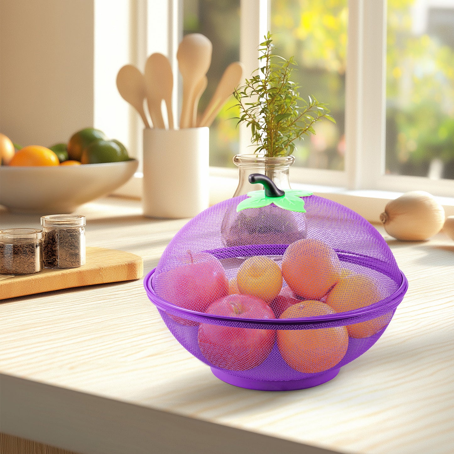 Fruits Bowl Basket Apple Shape Mesh with lid Tabletop Vegetable Holder Keep Unwanted Pets & Insects Out Kitchen Dishwashing Drain Basket