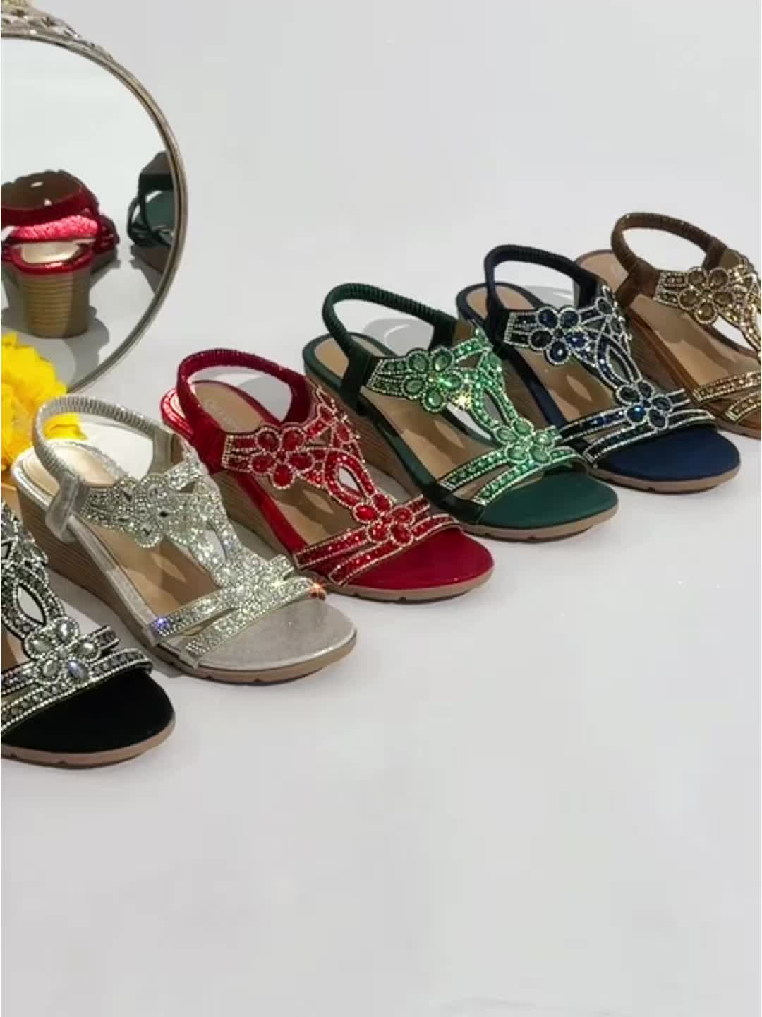 Vibrant Comfort | Bohemian Style Women's Rhinestone Wedge Sandals, Open Toe Platform Heel with Strap, Summer Beach Music Festival Slip-On Shoes, Man-Made Upper/Inner/Insole, TPR Sole, Beach Sandals | Toe Post Sandals | Decora
