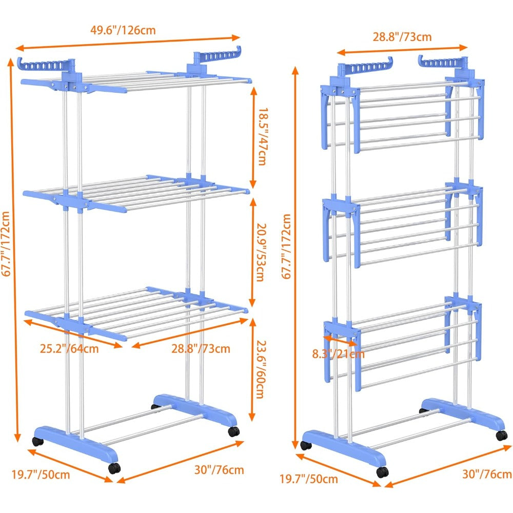 4 Tier Large Clothes Airer with Wings, Retractable Folding Drying Rack with Wheels for Indoor & Outdoor Use, 190 × 64 × 170 cm, Grey