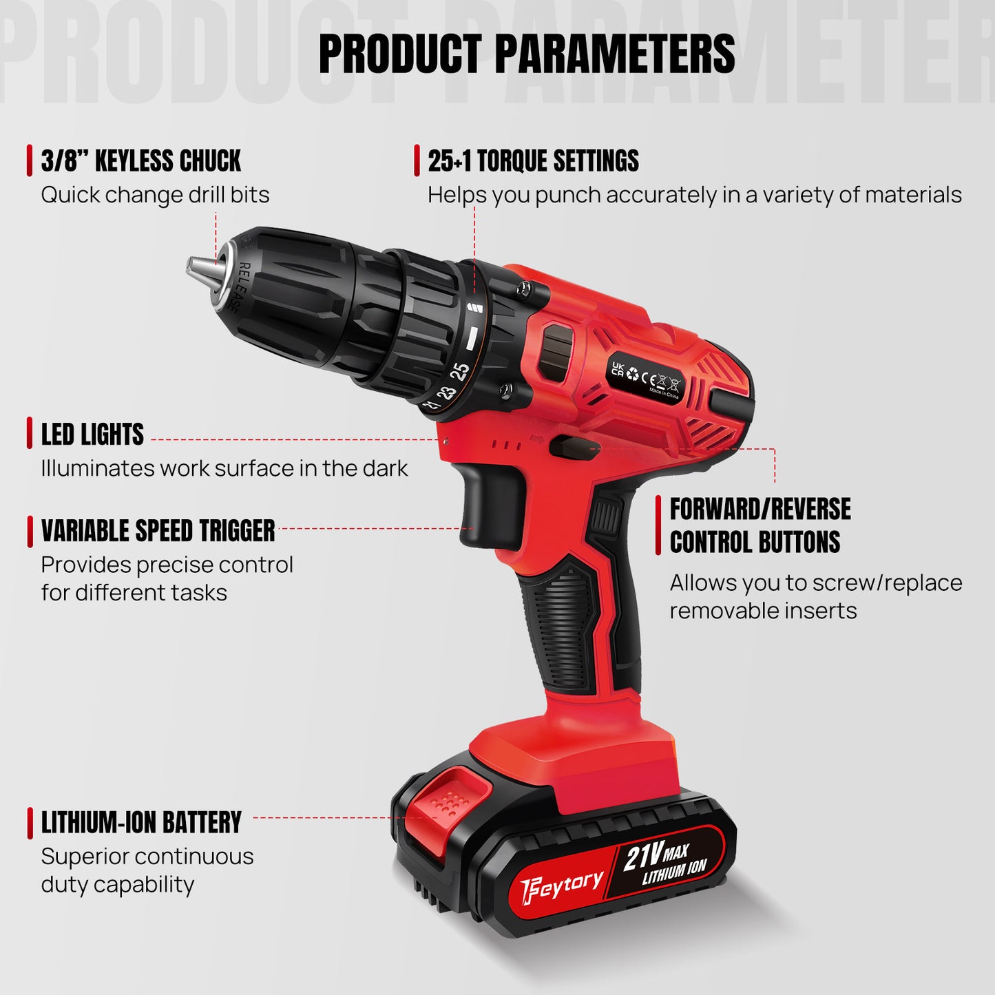 Cordless Drill Driver 21V, Electric Drill Kit with LI-ion Battery, Cordless Combi Screwdriver 25+1 Torque, 45N.m Max, 32pcs Accessory, 2 Variable Speed, LED Light for Home and Garden DIY Project 3/8" Keyless Chuck