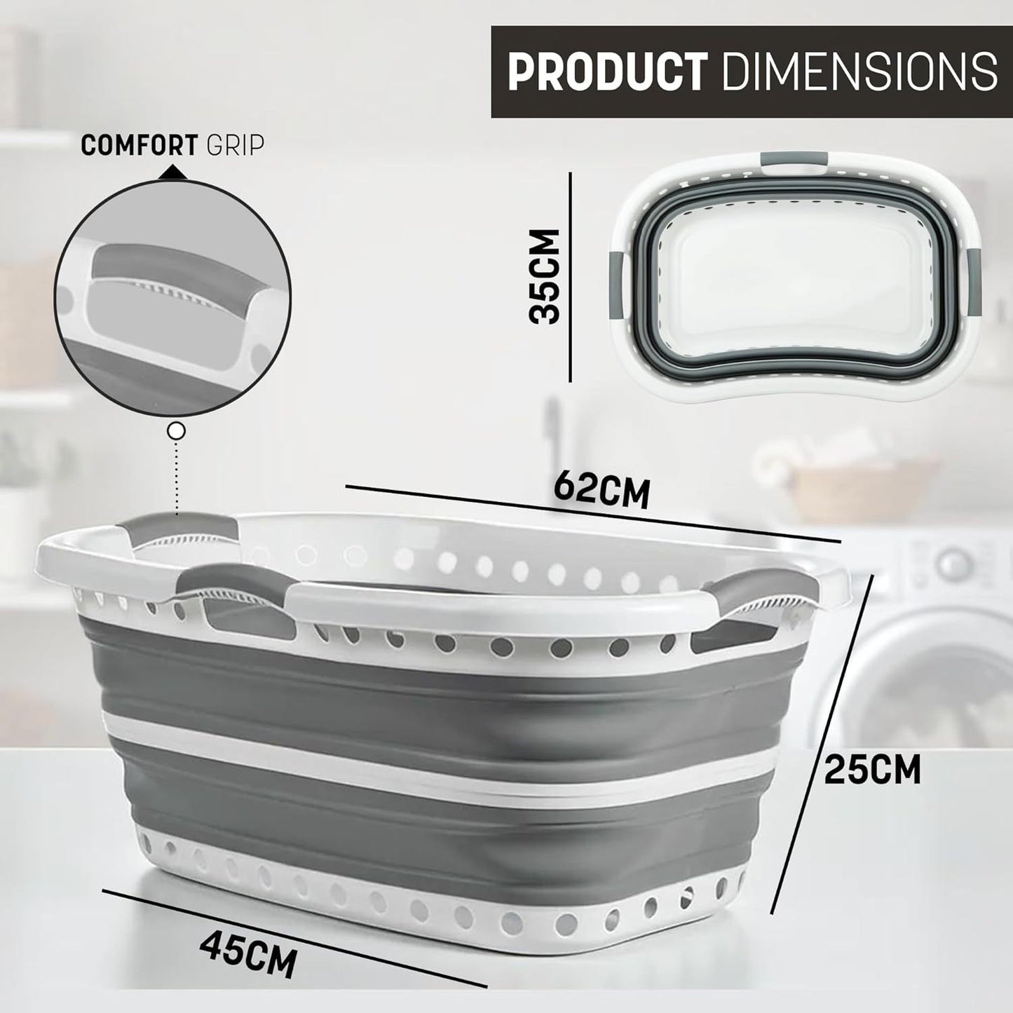 Pop Up Laundry Basket with 3 Carrier Handles Foldable Collapsible Portable Large Clothes Storage Plastic Hamper Folding Space Saving Curved Side Rectangle Shape Bucket Grey & White (with Holes at the Bottom)