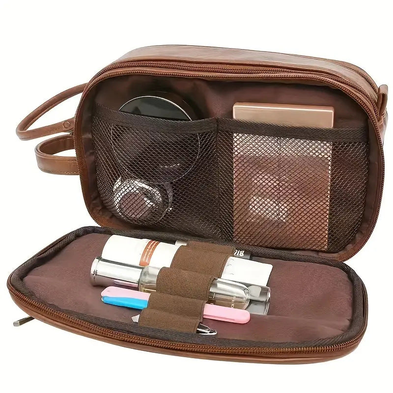 1pc Men's Multi Functional Genuine Cowhide Leather Toiletry Bag, Large Capacity Travel Bag, Retro Handbag For Men's Makeup Bag, Large Capacity Storage Bag