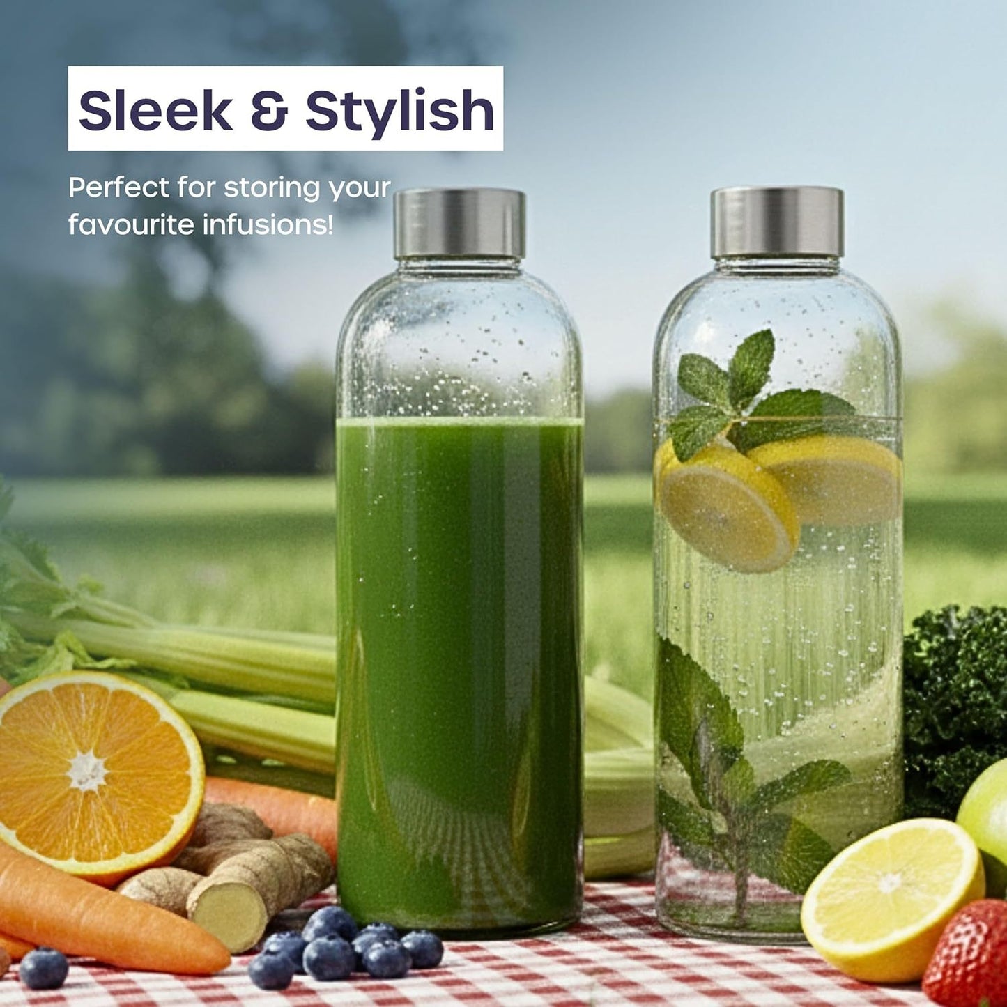 Glass Bottles with Lids - 6 Pack 1000ml Leakproof, Reusable Glass Drinking Bottle for Water, Juice, Milk and Smoothie - with Airtight Metal Lids, Cleaning Brush and White Labels