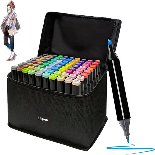 48 Coloring Pens Colors Alcohol Markers Graffiti Pens Coloured Marker Pens with Black Bag, Double Tip Paint Colouring Pen for Drawing Sketching Anime Manga Illustration Art Pens Set