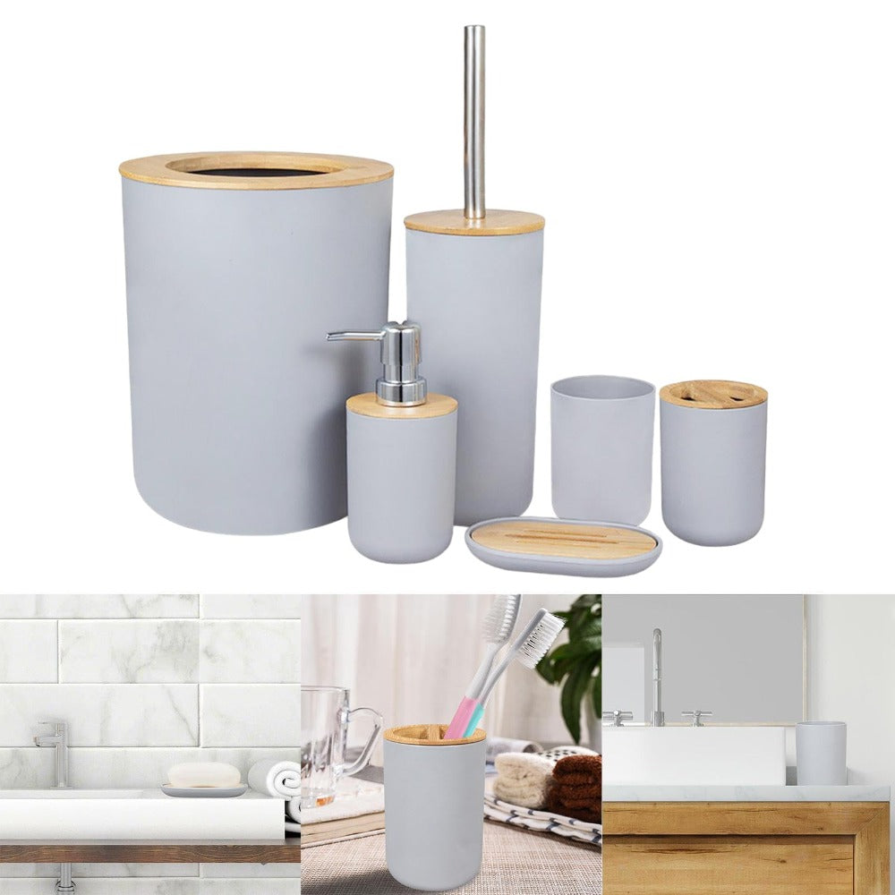 6pcs Bamboo Bathroom Accessories set, Luxury Bathroom Accessory Set Bathroom Bin And Toilet Brush Set Toothbrush Holder Tumbler Soap Dish Trash Can Soap Dispenser Bath Set Gift
