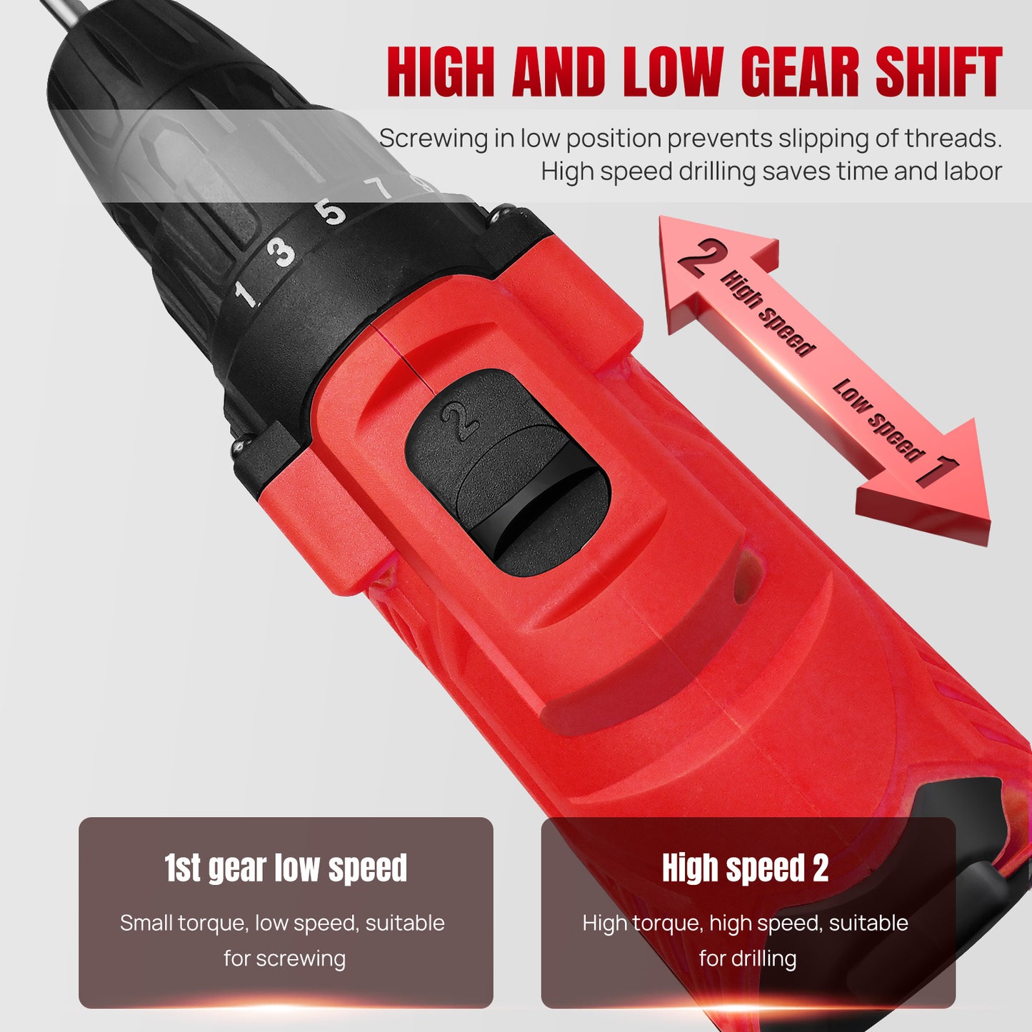 Cordless Drill Driver 21V, Electric Drill Kit with LI-ion Battery, Cordless Combi Screwdriver 25+1 Torque, 45N.m Max, 32pcs Accessory, 2 Variable Speed, LED Light for Home and Garden DIY Project 3/8" Keyless Chuck
