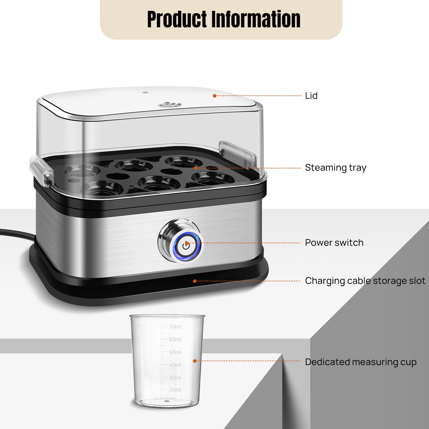 6-Egg Cooker Compact Electric Easy Egg Boiler Boiling Poaching Breakfast Maker 350W with Automatic Shut-Off Removable Tray with Water Cup&Cable Storage Slot Space Saving Egg Boiler