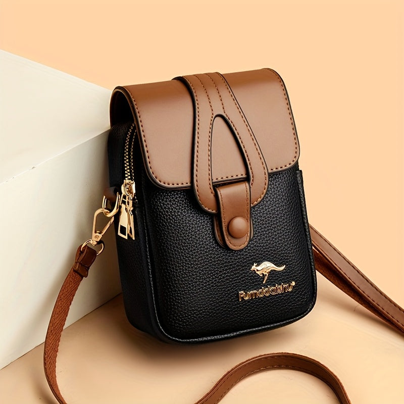 Fashionable Women'S Color-Blocked Crossbody Bag: Adorned with Exquisite Kangaroo Accents, Made of High-Quality with a Flap Magnetic Closure Design, Featuring an Adjustable Shoulder Strap for a Lightweight And Stylish Look—A