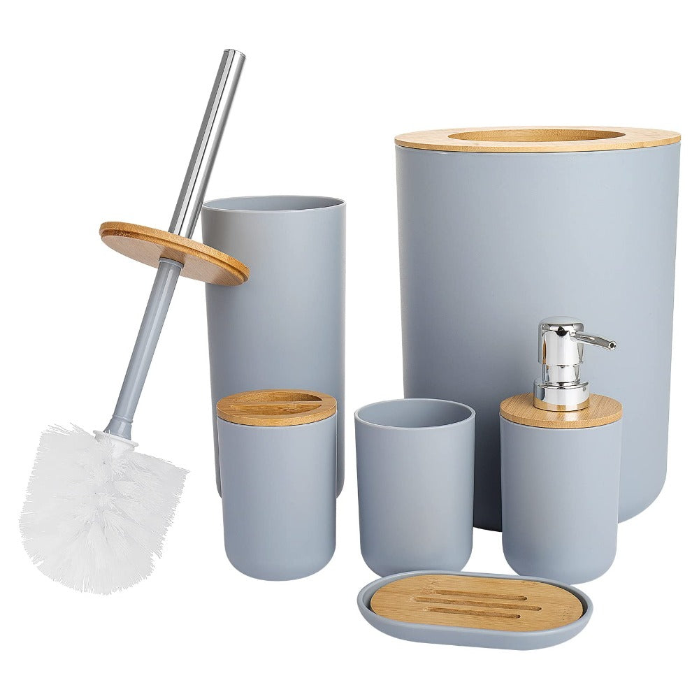 6pcs Bamboo Bathroom Accessories set, Luxury Bathroom Accessory Set Bathroom Bin And Toilet Brush Set Toothbrush Holder Tumbler Soap Dish Trash Can Soap Dispenser Bath Set Gift