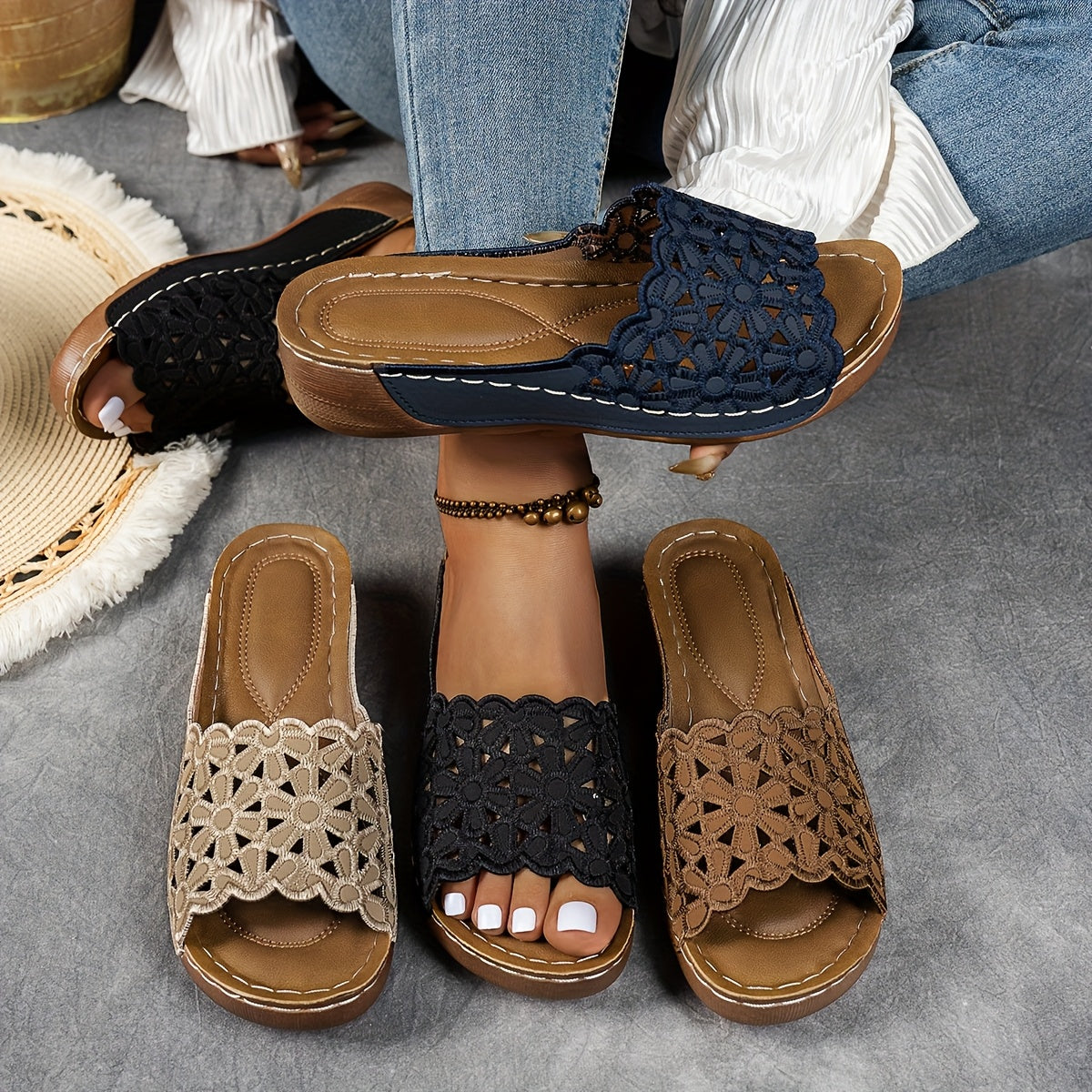 Ladies' Wedge Embroidered Sandals, Stylish And Casual Slip-On Shoes., Women Shoes