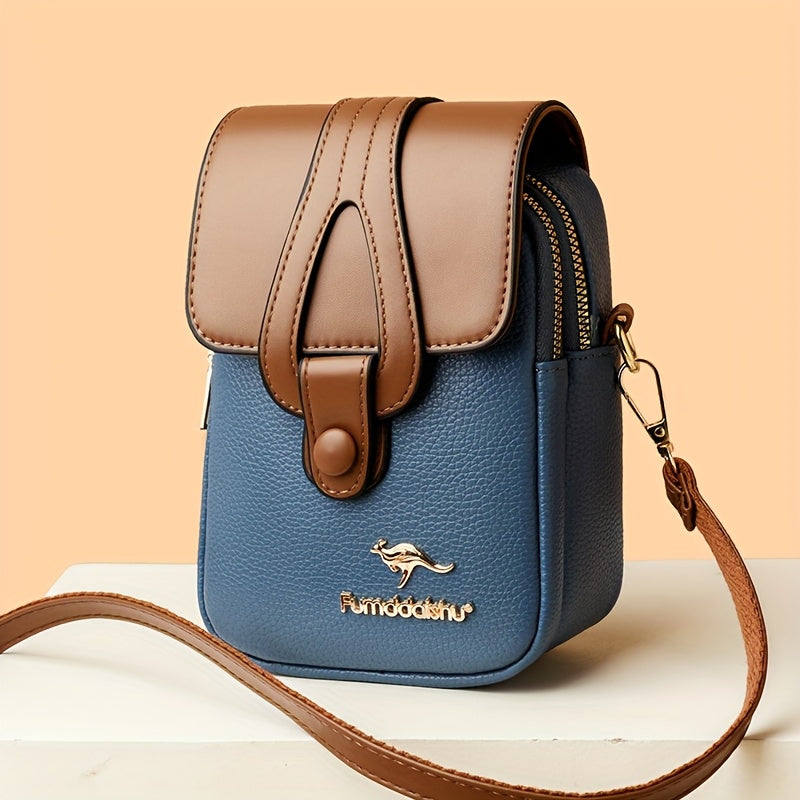 Fashionable Women'S Color-Blocked Crossbody Bag: Adorned with Exquisite Kangaroo Accents, Made of High-Quality with a Flap Magnetic Closure Design, Featuring an Adjustable Shoulder Strap for a Lightweight And Stylish Look—A