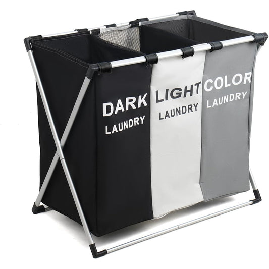 3 Section Large Laundry Basket, Multi-Purpose Storage Foldable Washing Hamper with Handles for Easy Portability - Ideal for Bedroom, Bathroom, Laundry Room Storage, Mixed Colors (Light, Dark, Color Sorting) for Clothing, Toys