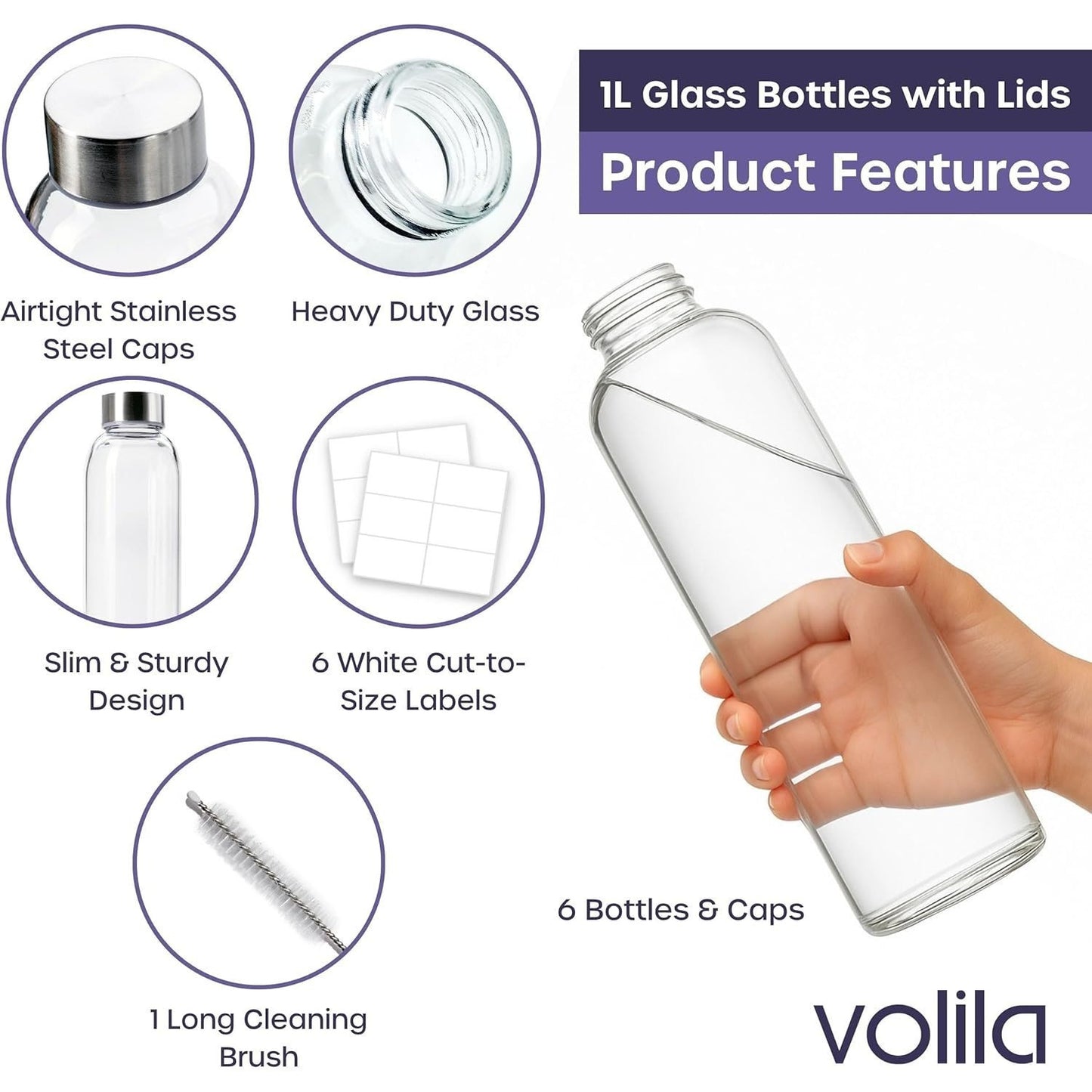 Glass Bottles with Lids - 6 Pack 1000ml Leakproof, Reusable Glass Drinking Bottle for Water, Juice, Milk and Smoothie - with Airtight Metal Lids, Cleaning Brush and White Labels