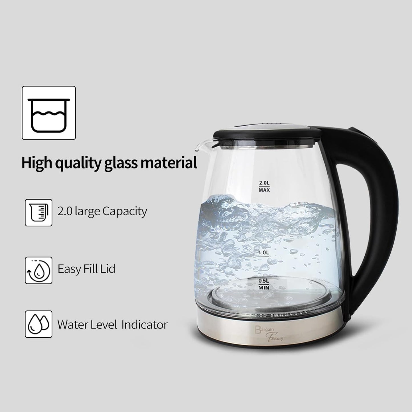 Electric Glass Kettle – 2L Fast Boil, Bpa-Free with Blue LED & Boil-Dry Protection