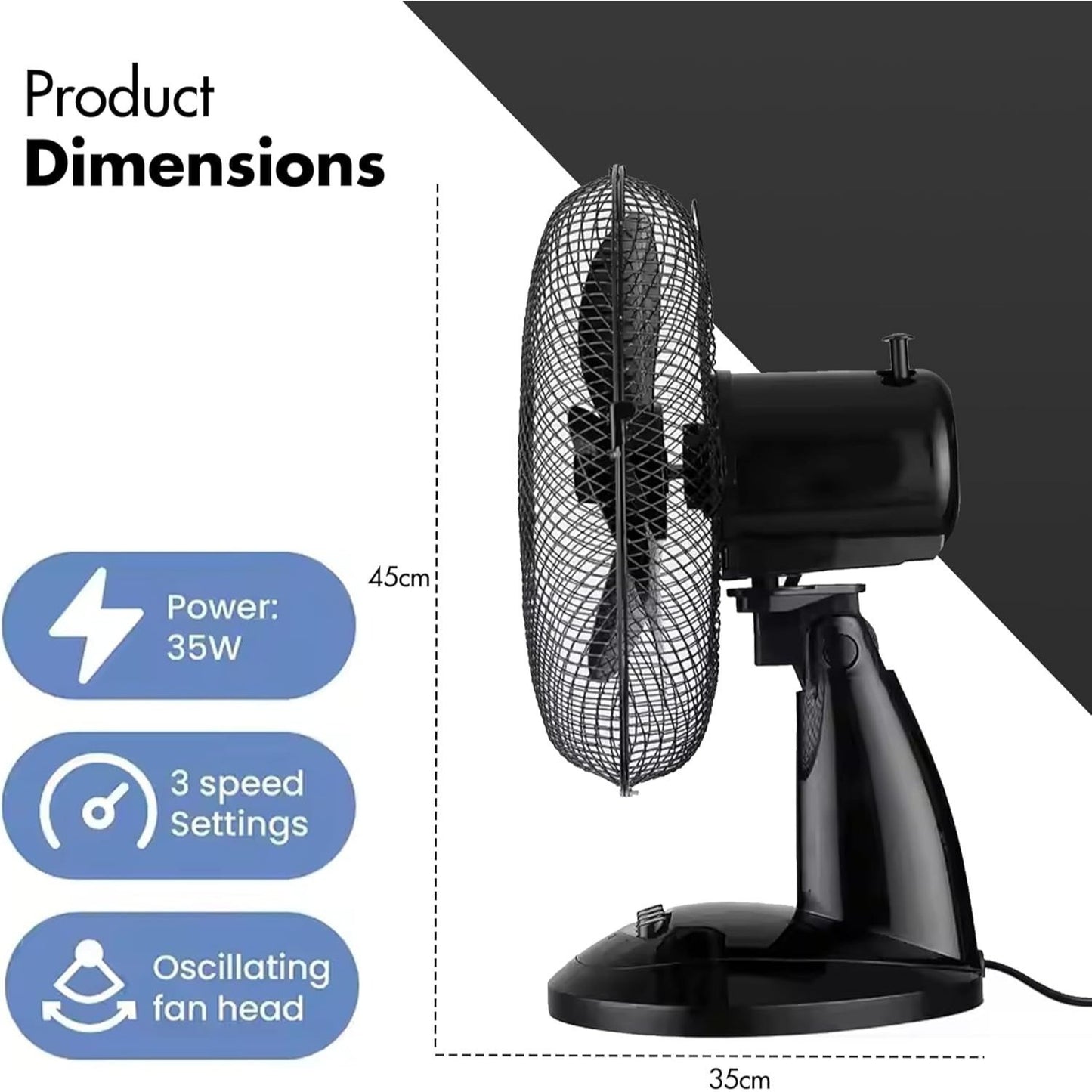 12 Inch Portable Desk Fan with Oscillation, 3 Speed Settings and Adjustable Tilt for Home or Office Use
