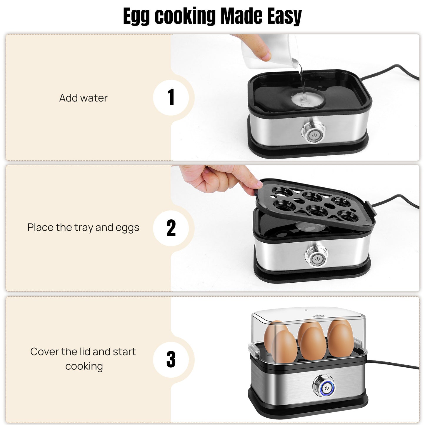 6-Egg Cooker Compact Electric Easy Egg Boiler Boiling Poaching Breakfast Maker 350W with Automatic Shut-Off Removable Tray with Water Cup&Cable Storage Slot Space Saving Egg Boiler