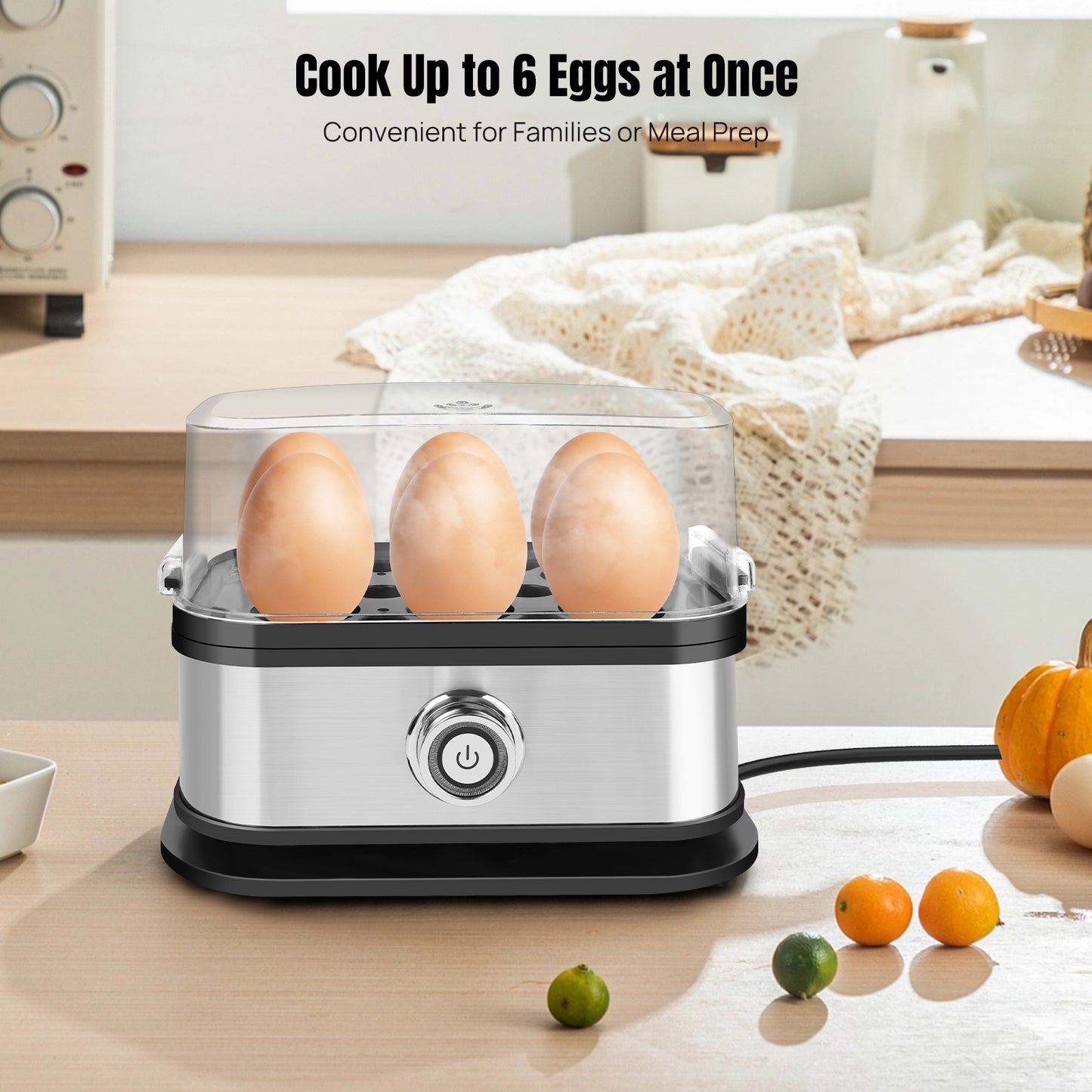 6-Egg Cooker Compact Electric Easy Egg Boiler Boiling Poaching Breakfast Maker 350W with Automatic Shut-Off Removable Tray with Water Cup&Cable Storage Slot Space Saving Egg Boiler