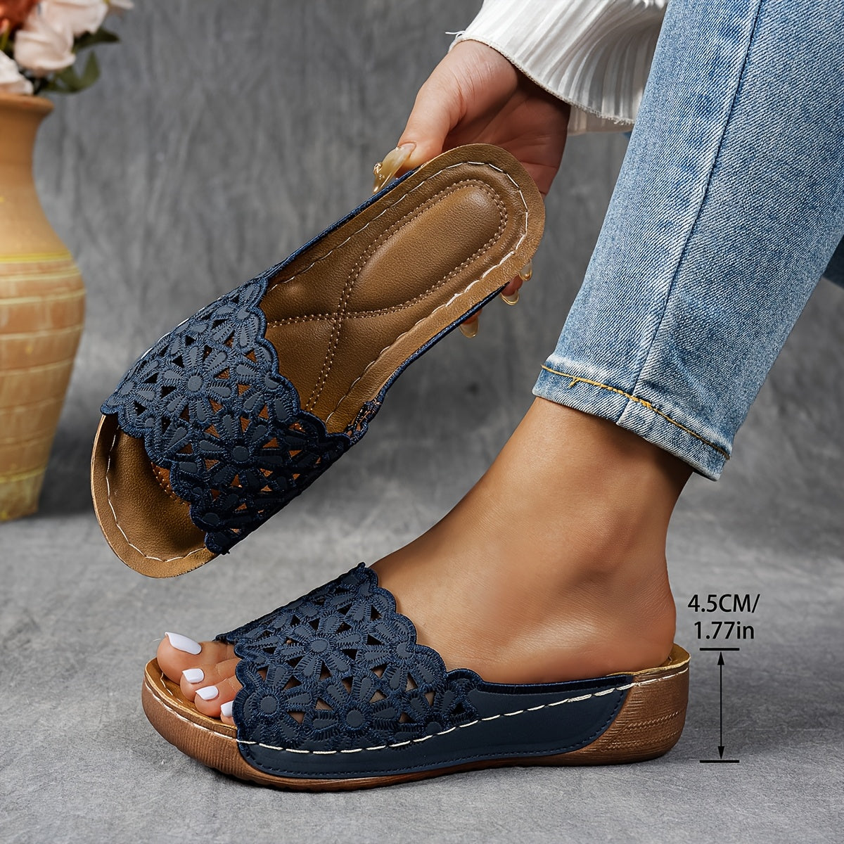 Ladies' Wedge Embroidered Sandals, Stylish And Casual Slip-On Shoes., Women Shoes