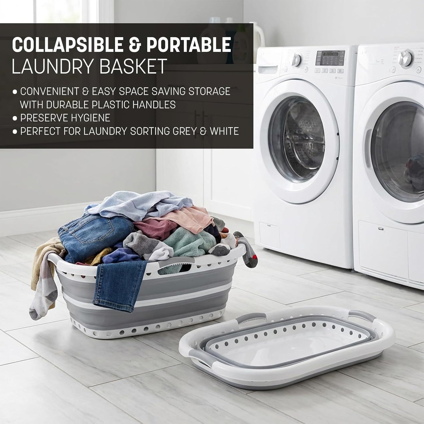 Pop Up Laundry Basket with 3 Carrier Handles Foldable Collapsible Portable Large Clothes Storage Plastic Hamper Folding Space Saving Curved Side Rectangle Shape Bucket Grey & White (with Holes at the Bottom)