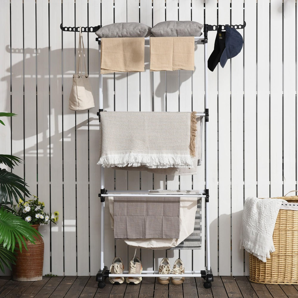 4 Tier Large Clothes Airer with Wings, Retractable Folding Drying Rack with Wheels for Indoor & Outdoor Use, 190 × 64 × 170 cm, Grey