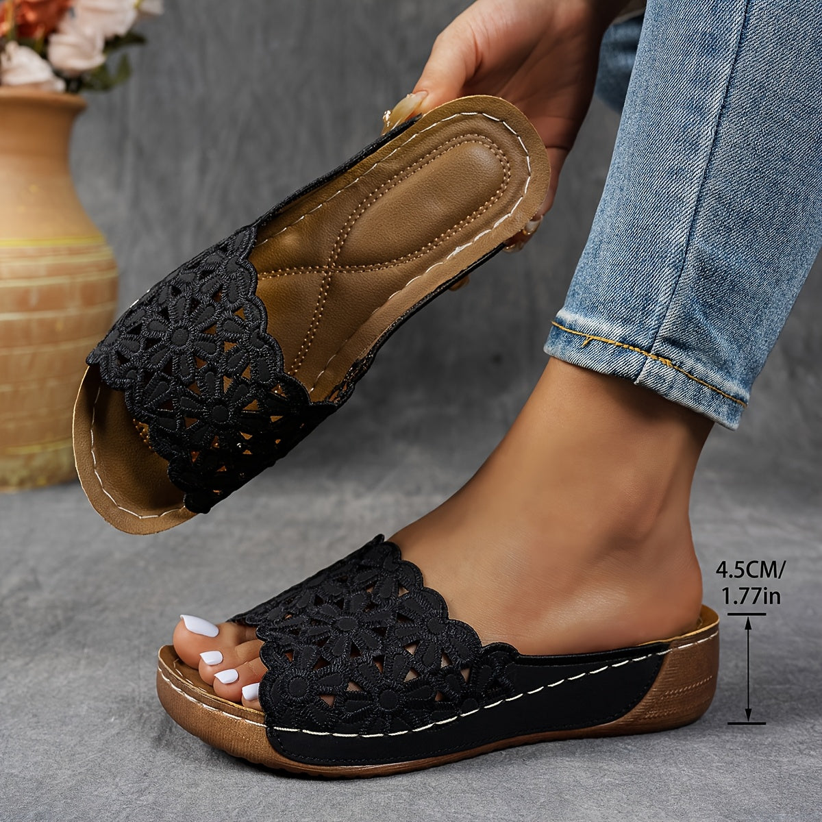 Ladies' Wedge Embroidered Sandals, Stylish And Casual Slip-On Shoes., Women Shoes