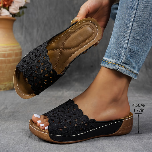 Ladies' Wedge Embroidered Sandals, Stylish And Casual Slip-On Shoes., Women Shoes