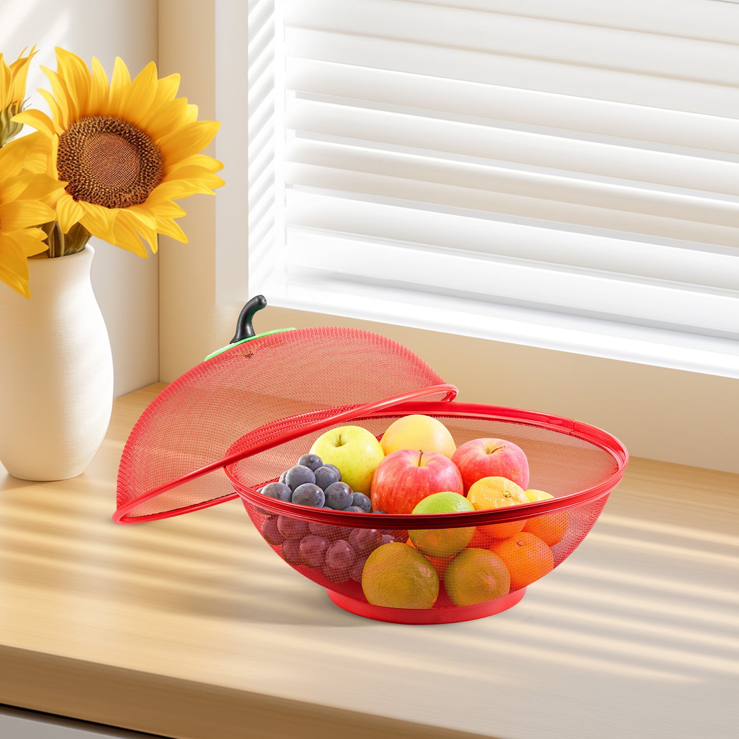 Fruits Bowl Basket Apple Shape Mesh with lid Tabletop Vegetable Holder Keep Unwanted Pets & Insects Out Kitchen Dishwashing Drain Basket