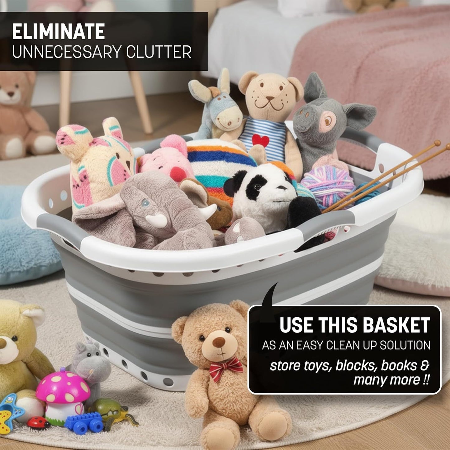 Pop Up Laundry Basket with 3 Carrier Handles Foldable Collapsible Portable Large Clothes Storage Plastic Hamper Folding Space Saving Curved Side Rectangle Shape Bucket Grey & White (with Holes at the Bottom)