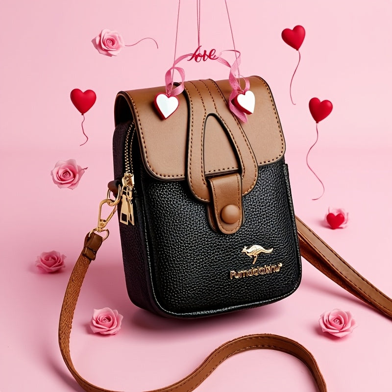 Fashionable Women'S Color-Blocked Crossbody Bag: Adorned with Exquisite Kangaroo Accents, Made of High-Quality with a Flap Magnetic Closure Design, Featuring an Adjustable Shoulder Strap for a Lightweight And Stylish Look—A